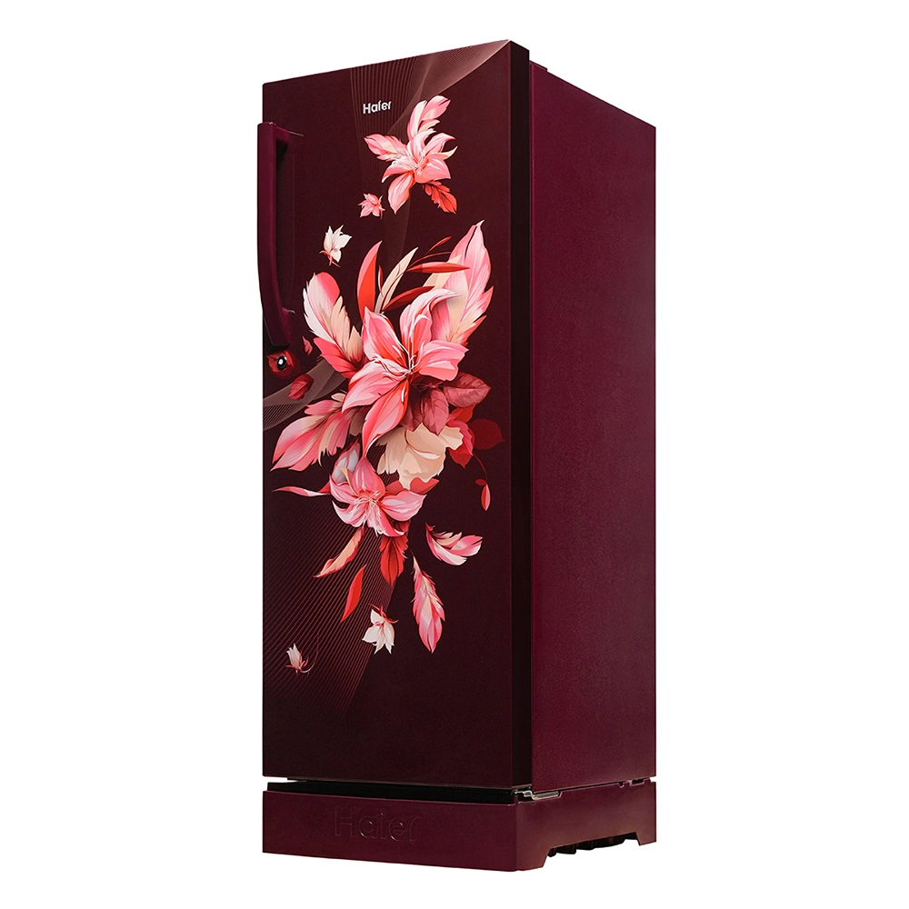 Haier 215L 5 Star Inverter Technology Direct Cool Single Door Refrigerator with Toughened Glass Shelf Base Drawer come sin stylish red opal Finish HRD-2355PRO-P